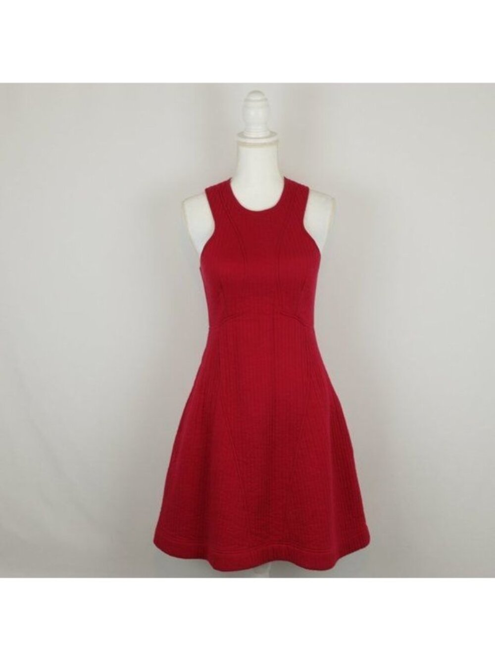 Carven Women's Medium Red Quilted Crewneck Fit & Flare Above Knee Dress